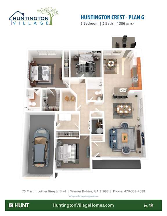 3 Bed 2 Bath Floor Plan at Huntington Village **, Warner Robins, Georgia