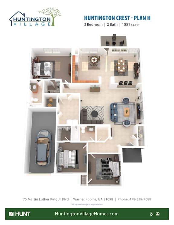 3 Bedroom 2 Bathroom Floor Plan at Huntington Village **, Warner Robins, Georgia