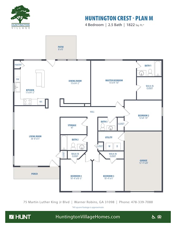 4Bed2.5bath Floor Plan at Huntington Village **, Warner Robins, 31098