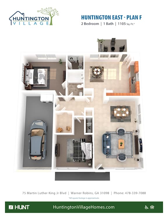 2 Bed 1 Bath Floor Plan  at Huntington Village **, Warner Robins, 31098