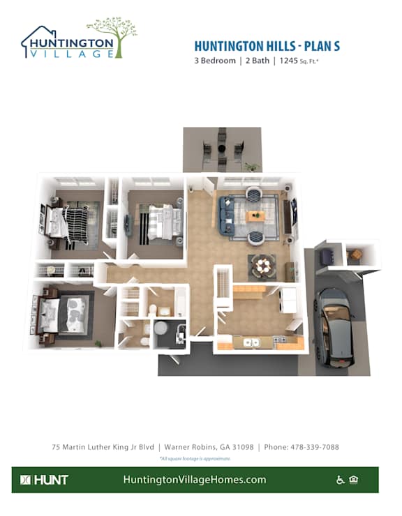 3 Bed 2 Bath Floor Plan at Huntington Village **, Warner Robins, 31098