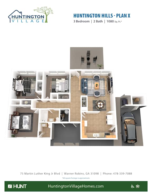 3 Bed 2 Bath Floor Plan at Huntington Village **, Warner Robins, Georgia