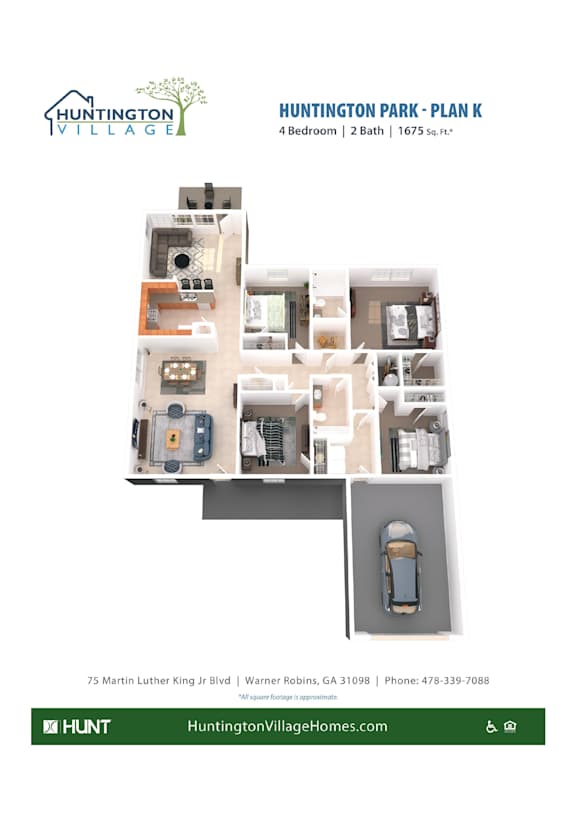A floor plan for Huntington Park - Plan K, a 4 bedroom, 2 bath home with a garage.