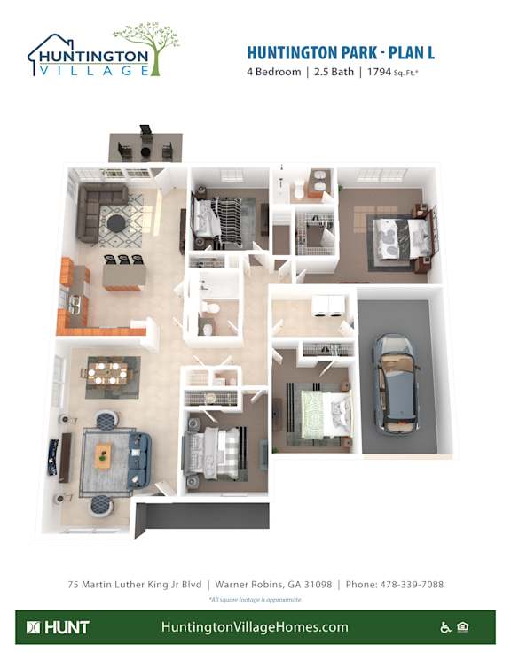 4 Bedroom 2.5 Bathroom Floor Plan at Huntington Village **, Warner Robins, GA, 31098