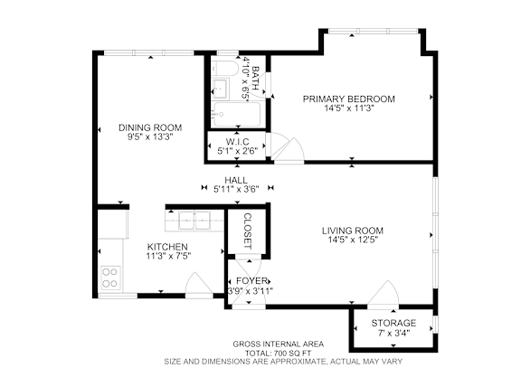 A floor plan of a house with a living room, dining room, kitchen, and two bedrooms.
