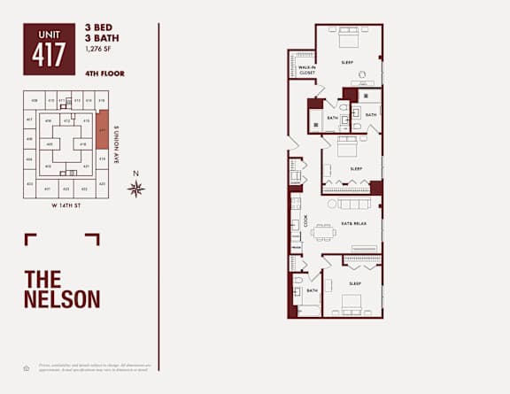 A floor plan for a 3 bedroom, 3 bathroom apartment at The Nelson.