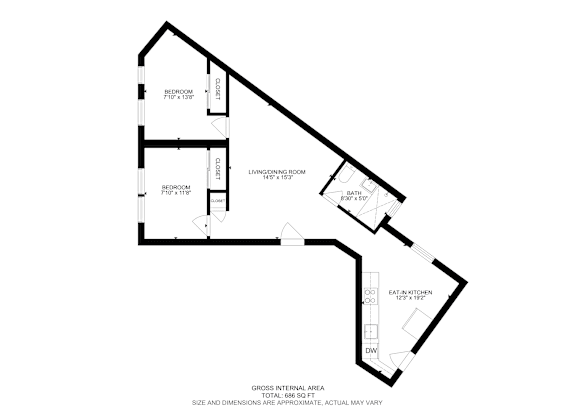 A black and white floor plan of a house with a living room, two bedrooms, a bathroom, and a kitchen.