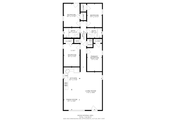 A floor plan of a house with a living room, dining room, kitchen, and two bedrooms.