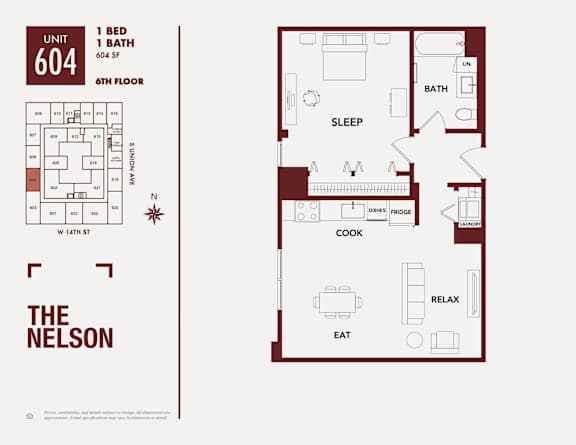 A floor plan for a unit at The Nelson shows a sleeping area, a kitchen, and a bathroom.