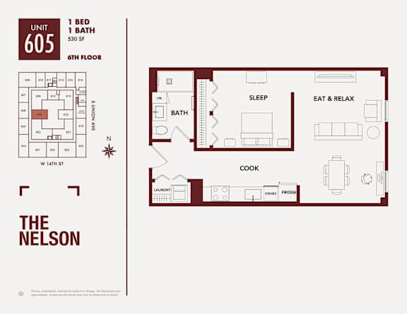 A floor plan for an apartment at The Nelson shows a bedroom, living room, and kitchen.