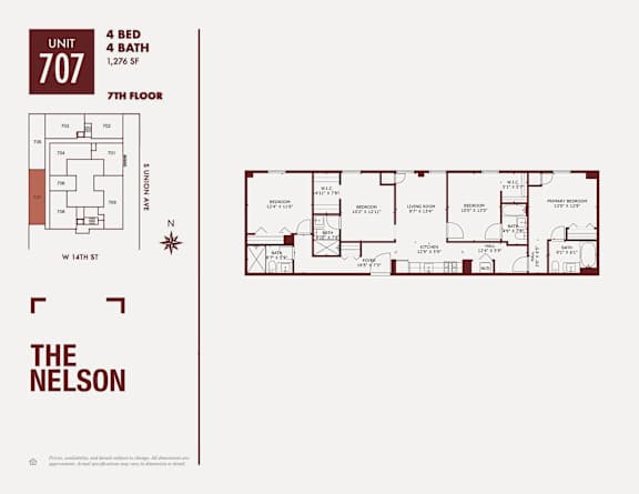 A red and white image of a floor plan for an apartment at The Nelson.