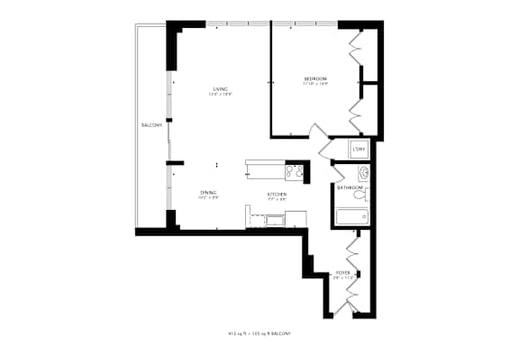 A floor plan of a house with a living room, dining room, kitchen, and bathroom.