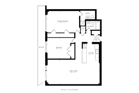 A floor plan of a house with a kitchen, living room, and two bedrooms.