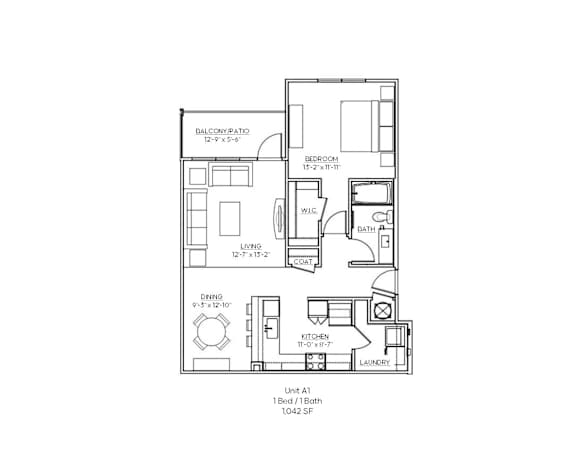A floor plan of a one bedroom apartment with dimensions.