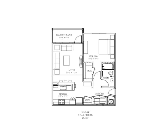 A floor plan of a balcony patio with a bedroom, living room, kitchen, laundry, and bathroom.