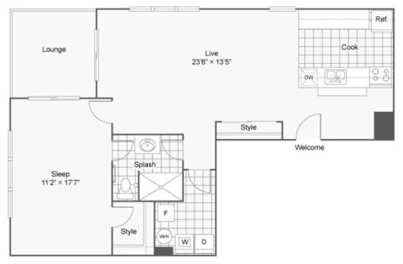 A floor plan of a house with a lounge, kitchen, and two bedrooms.