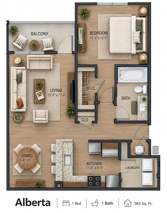 A floor plan of a one bedroom apartment with a balcony and a living room.