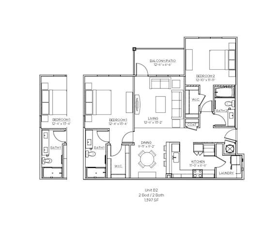 A floor plan of a two bedroom apartment with two bathrooms and a living area.
