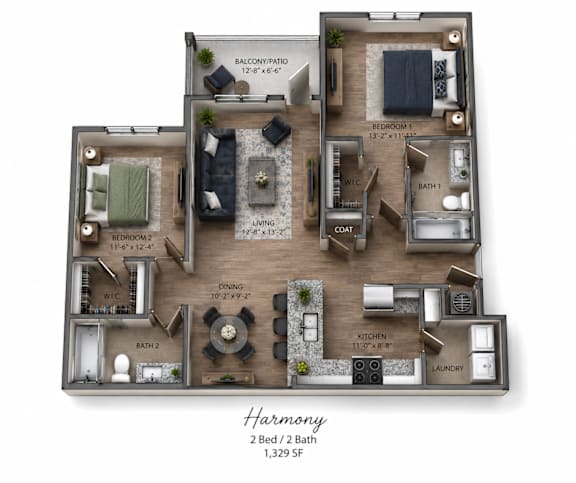 A floor plan of a two bedroom, two bath apartment with Harmony.