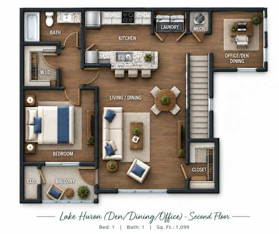 A floor plan of a second floor apartment with a bedroom, living room, kitchen, and bathroom.