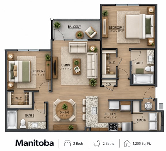 A floor plan of a 2 bedroom, 2 bathroom apartment with a balcony and a laundry room.