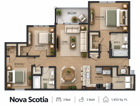 A floor plan of a 3 bedroom, 2 bathroom apartment with a living room, dining room, kitchen, and laundry area.