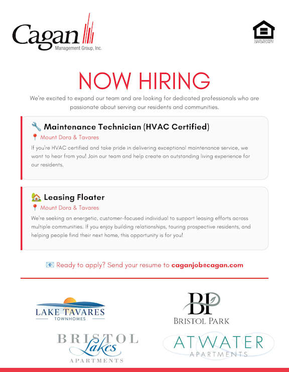 A Cagan Management Group Inc. poster is advertising for a Maintenance Technician and a Leasing Floater.