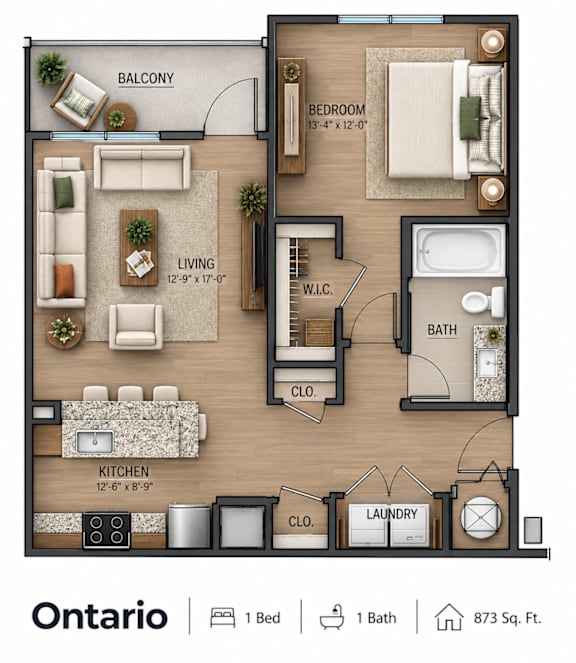 A floor plan of a one bedroom apartment in Ontario.
