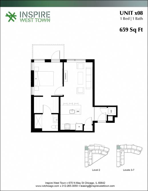 A floor plan for a 1 Bed 1 Bath unit at Inspire West Town.