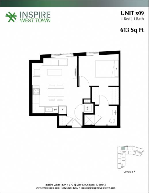 A floor plan for a 1 Bedroom, 1 Bathroom apartment at Inspire West Town.