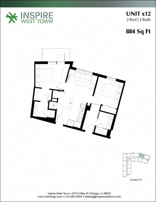 A floor plan for a 2 Bedroom, 2 Bathroom unit at Inspire West Town.
