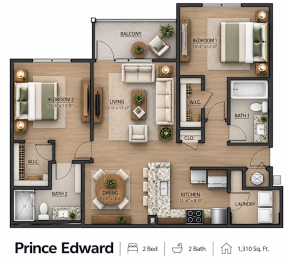 A floor plan of a 1,310 square foot home with two bedrooms and two bathrooms.