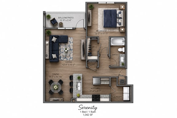 A floor plan of a one bedroom, one bath apartment.