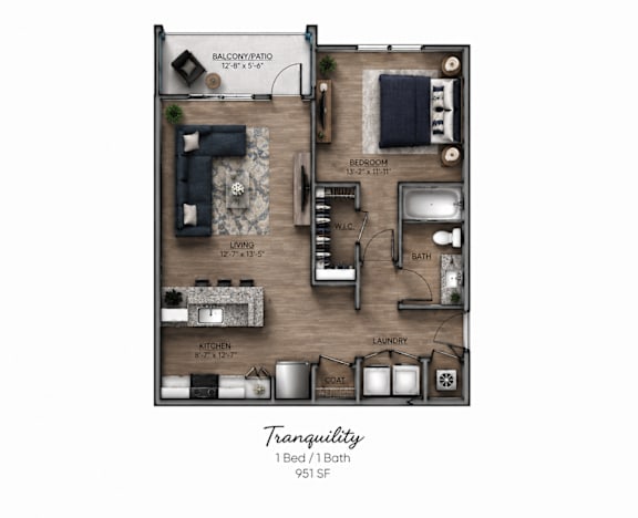 A floor plan of a one bedroom apartment with a balcony and a price of $951 per month.