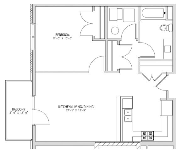 A floor plan of a house with a bedroom, a balcony, and a kitchen/living/dining area.
