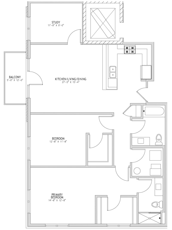 A floor plan of a house with a study, kitchen, two bedrooms, and a balcony.