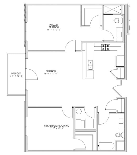 A floor plan of a home with a primary bedroom, a balcony, and a kitchen/living/dining area.