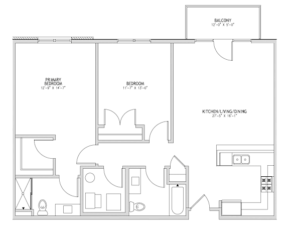 A floor plan of a house with a balcony, two bedrooms, and a kitchen/living room.
