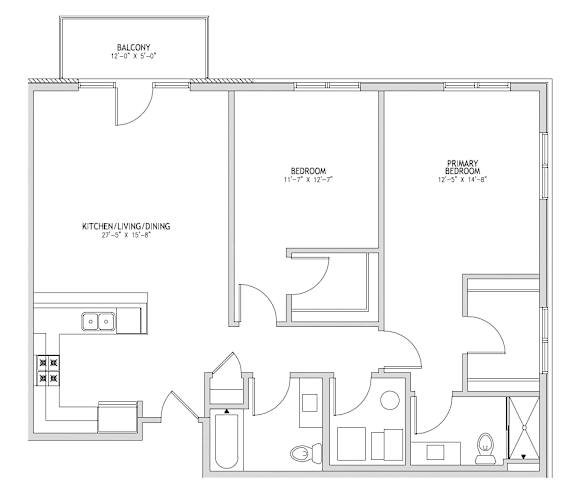 A black and white image of a floor plan for a home with a balcony, kitchen, living room, and two bedrooms.