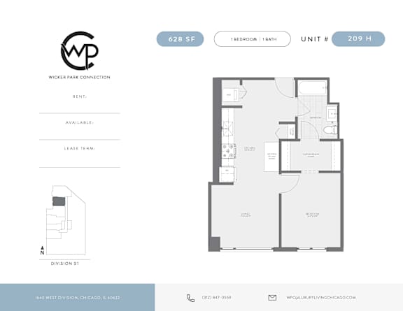 A floor plan for a rental property at 628 SF, Unit # 209 H, showing a 1 bedroom, 1 bathroom layout.