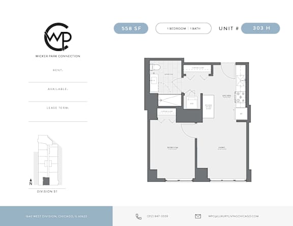 A floor plan for a rental property at 558 SF, unit number 303 H, located in the West Division, Chicago, IL.