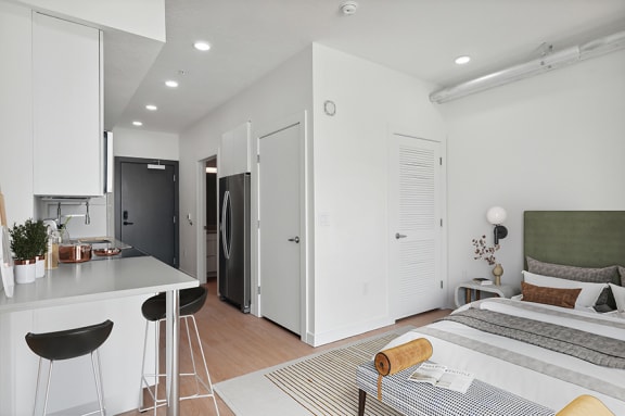 Model studio apartment interior at 801 Flats located in Post District Residences in downtown Salt Lake City, Utah