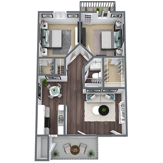 2-bed, 1-bath floor plan, 759 sqft.