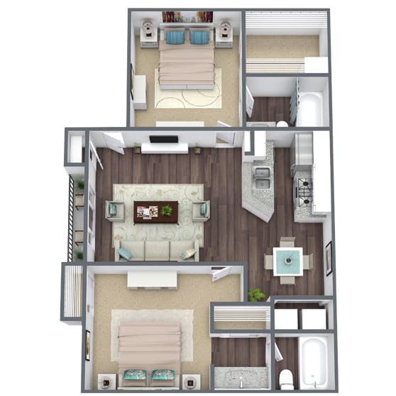 2 Bedroom 3D Floor Plan Image