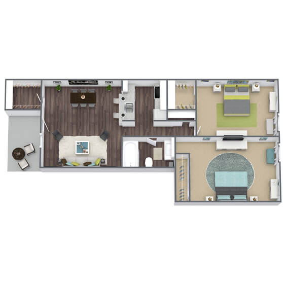 2x1 Floor Plan, 2-Bed 1-Bath, 789 SQFT.