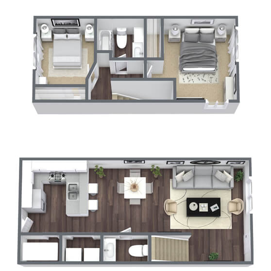 2-bed 1.5-bath townhome floor plan