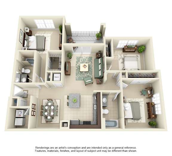 A 3D floor plan of a house with a kitchen, living room, and bathroom.