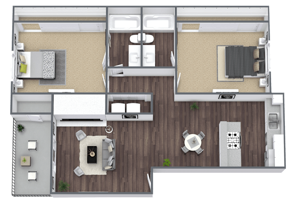B3 2x2 Floor Plan, 1,030 SQFT.