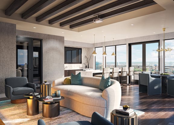a rendering of a living room and dining room with a view of the city