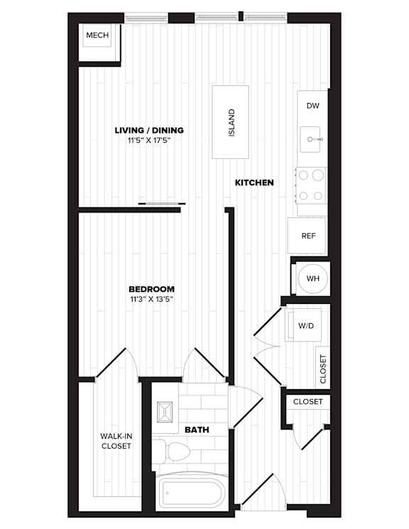 A floor plan of a small apartment with a living room, kitchen, bedroom, and bathroom.